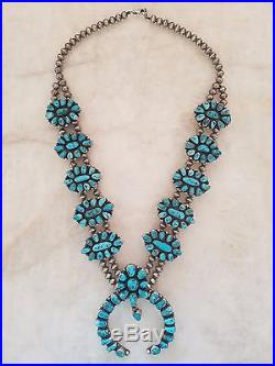 Navajo Handmade Sterling Silver Turquoise Squash Blossom Necklace Set Ella Peter