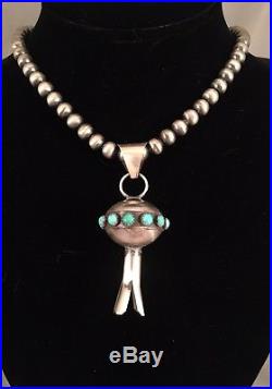 Navajo Handmade Turquoise & Sterling Silver Squash Blossom Pendant