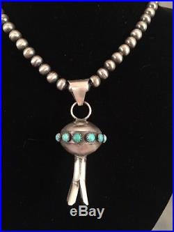 Navajo Handmade Turquoise & Sterling Silver Squash Blossom Pendant