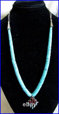 Navajo Indian Sterling Silver Turquoise & Coral Pendant & Heishi Beads Necklace Navajo Indian Sterling Silver Turquoise & Coral Pendant & Heishi Beads Necklace