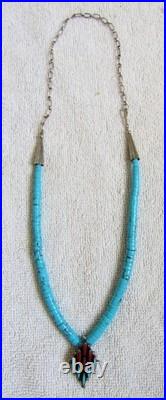 Navajo Indian Sterling Silver Turquoise & Coral Pendant & Heishi Beads Necklace Navajo Indian Sterling Silver Turquoise & Coral Pendant & Heishi Beads Necklace