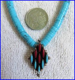 Navajo Indian Sterling Silver Turquoise & Coral Pendant & Heishi Beads Necklace Navajo Indian Sterling Silver Turquoise & Coral Pendant & Heishi Beads Necklace