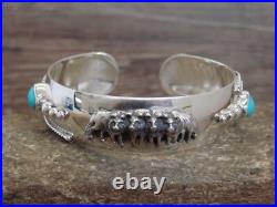 Navajo Indian Sterling Silver Turquoise Wolf Pack & Rope Cuff Bracelet Platero