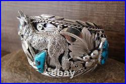 Navajo Indian Turquoise Sterling Silver Wolf Cuff Bracelet Thomas Yazzie