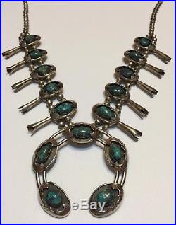 Navajo Ithaca Peak Turquoise Sterling Silver Squash Blossom Necklace Vintage