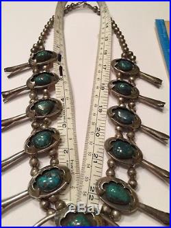 Navajo Ithaca Peak Turquoise Sterling Silver Squash Blossom Necklace Vintage