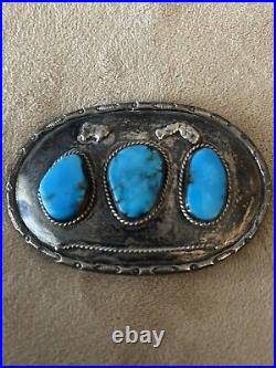 Navajo JW Sterling Silver Large BELT BUCKLE 3 Turquoise Stones