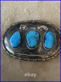 Navajo JW Sterling Silver Large BELT BUCKLE 3 Turquoise Stones