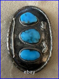 Navajo JW Sterling Silver Large BELT BUCKLE 3 Turquoise Stones