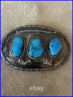 Navajo JW Sterling Silver Large BELT BUCKLE 3 Turquoise Stones