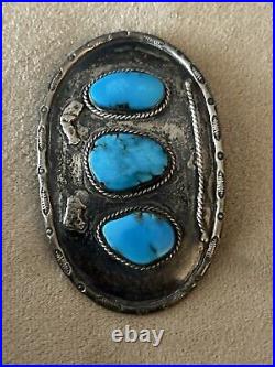 Navajo JW Sterling Silver Large BELT BUCKLE 3 Turquoise Stones