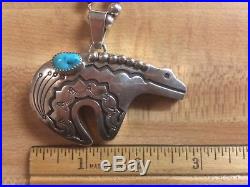 Navajo Jerry Roan Sterling Silver Turquoise Bear Pendant & Bead Necklace 925 JR
