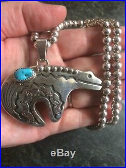 Navajo Jerry Roan Sterling Silver Turquoise Bear Pendant & Bead Necklace 925 JR