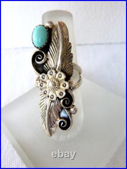 Navajo Jimmy Lee Turquoise Ring 925 Sterling Silver Feather Overlay Size 7.75