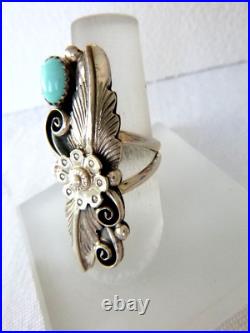 Navajo Jimmy Lee Turquoise Ring 925 Sterling Silver Feather Overlay Size 7.75