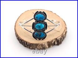 Navajo Kingman 3-Stones Turquoise Bracelet Sterling Silver Jewelry Sz 7.25in Navajo Kingman 3-Stones Turquoise Bracelet Sterling Silver Jewelry Sz 7.25in