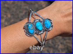 Navajo Kingman 3-Stones Turquoise Bracelet Sterling Silver Jewelry Sz 7.25in Navajo Kingman 3-Stones Turquoise Bracelet Sterling Silver Jewelry Sz 7.25in