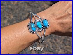 Navajo Kingman 3-Stones Turquoise Bracelet Sterling Silver Jewelry Sz 7.25in Navajo Kingman 3-Stones Turquoise Bracelet Sterling Silver Jewelry Sz 7.25in