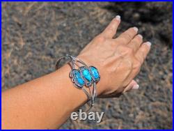 Navajo Kingman 3-Stones Turquoise Bracelet Sterling Silver Jewelry Sz 7.25in Navajo Kingman 3-Stones Turquoise Bracelet Sterling Silver Jewelry Sz 7.25in