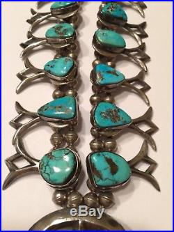 Navajo Kingman Turquoise Sterling Silver Squash Blossom Necklace Vintage 1950 60