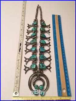 Navajo Kingman Turquoise Sterling Silver Squash Blossom Necklace Vintage 1950 60
