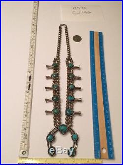 Navajo Kingman Turquoise Sterling Silver Squash Blossom Necklace Vintage 1960 70