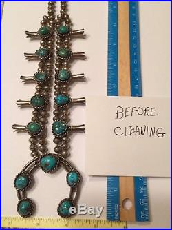 Navajo Kingman Turquoise Sterling Silver Squash Blossom Necklace Vintage 1960 70