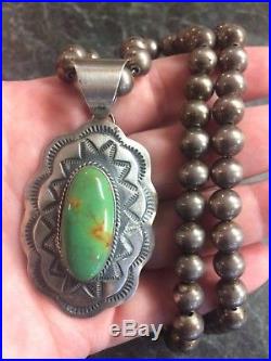 Navajo Large Turquoise Pendant Chimney Butte Sterling Silver Beaded Necklace 925