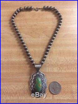 Navajo Large Turquoise Pendant Chimney Butte Sterling Silver Beaded Necklace 925