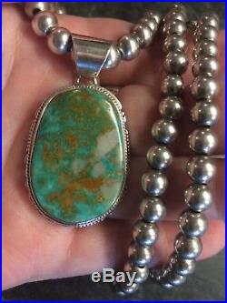 Navajo Large Turquoise Pendant & Sterling Silver Bead Necklace LL 925