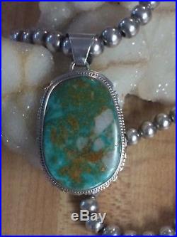 Navajo Large Turquoise Pendant & Sterling Silver Bead Necklace LL 925