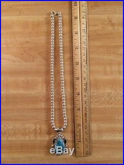 Navajo Leeann Lee Sterling Silver Turquoise Pendant & Sterling Bead Necklace 925