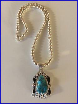 Navajo Leeann Lee Sterling Silver Turquoise Pendant & Sterling Bead Necklace 925