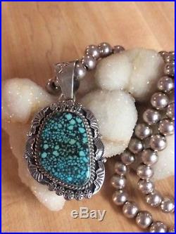 Navajo M Spencer Sterling Silver Spiderweb Turquoise Pendant Beaded Necklace 925