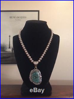 Navajo M Spencer Sterling Silver Spiderweb Turquoise Pendant Beaded Necklace 925