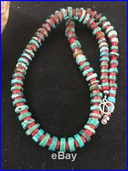 Navajo Mens Native American Sterling Silver Heishi Turquoise Coral Necklace 8506