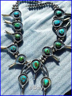 Navajo Morenci Pyrite Turquoise Sterling Silver Squash Blossom Necklace Blue VTG