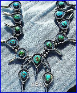 Navajo Morenci Pyrite Turquoise Sterling Silver Squash Blossom Necklace Blue VTG