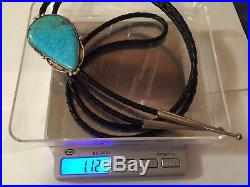 Navajo Morenci Turquoise Sterling Silver Ray Fiero Bolo tie stamped R Sterling