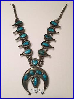 Navajo Morenci Turquoise Sterling Silver Squash Blossom Necklace Vintage 1950