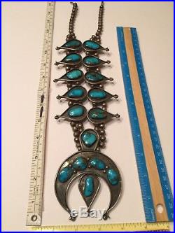 Navajo Morenci Turquoise Sterling Silver Squash Blossom Necklace Vintage 1950