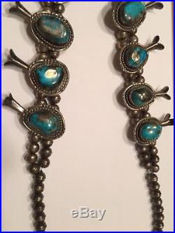 Navajo Morenci Turquoise Sterling Silver Squash Blossom Necklace Vintage 1960s