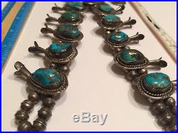 Navajo Morenci Turquoise Sterling Silver Squash Blossom Necklace Vintage 1960s