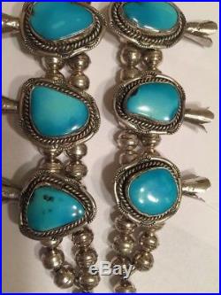 Navajo Morenci Turquoise Sterling Silver Squash Blossom Necklace signed J Tom
