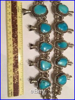 Navajo Morenci Turquoise Sterling Silver Squash Blossom Necklace signed J Tom
