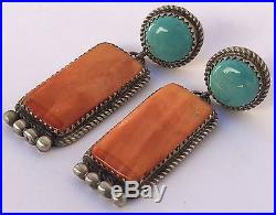 Navajo Native American Spiny Oyster Turquoise Sterling Silver Dangle Earrings
