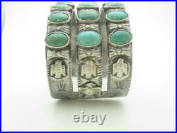 Navajo Native American Sterling Silver Turquoise Eagle 3 Row Cuff Bracelet A