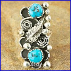 Navajo Native American Sterling Silver Turquoise Leaf Ring Sz 9.75 Signed RB