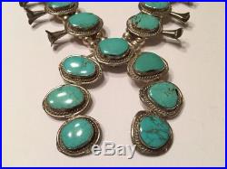 Navajo Number 8 Turquoise Sterling Silver Squash Blossom Necklace Vintage 1970s