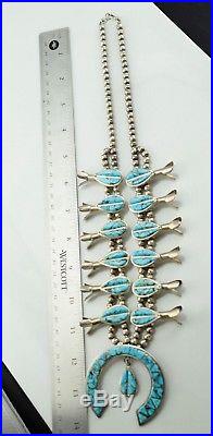 Navajo Old Pawn Sterling Silver Turquoise Inlay Squash Blossom Naja Necklace